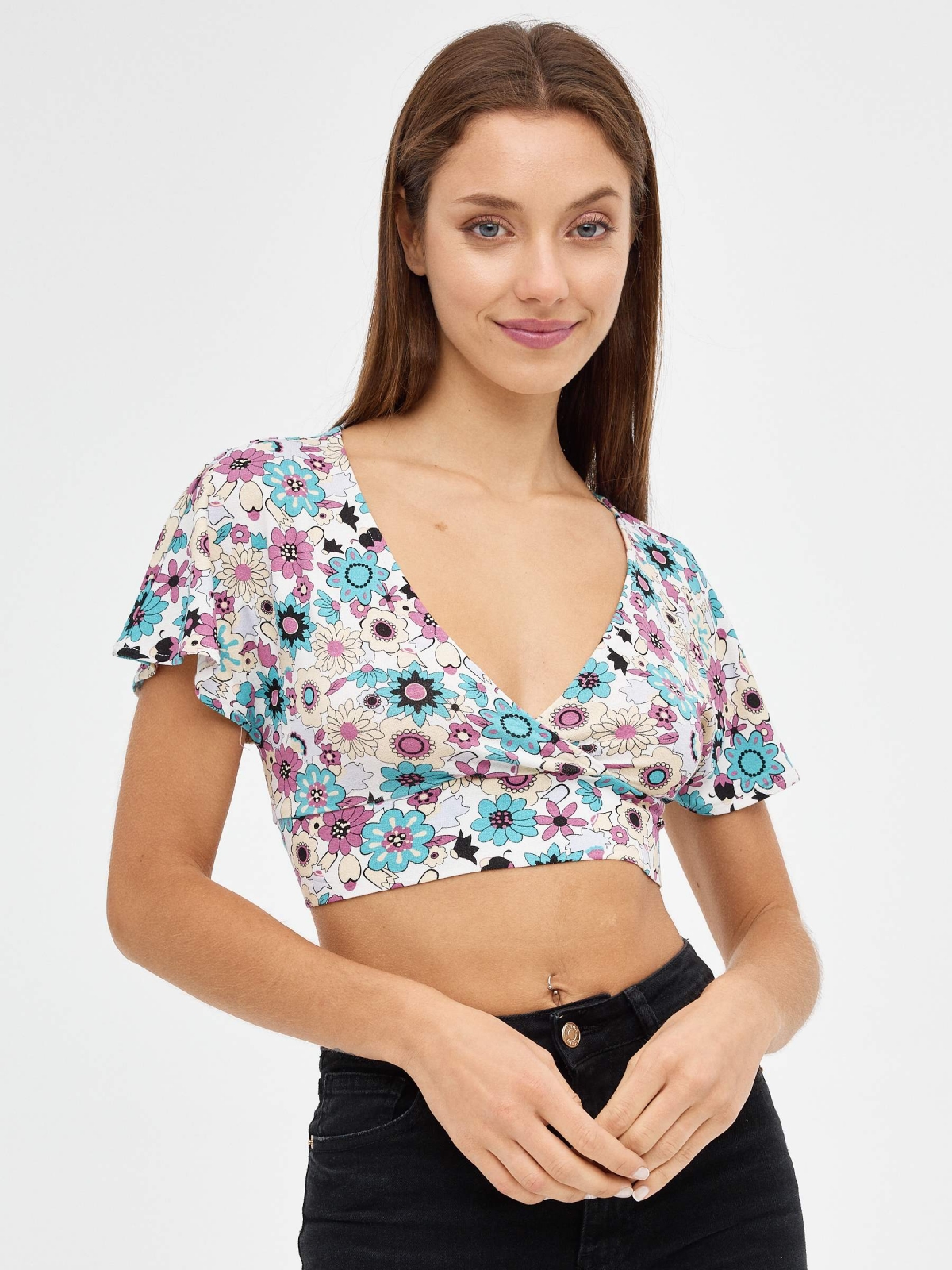 Flower crop top with bow white middle front view