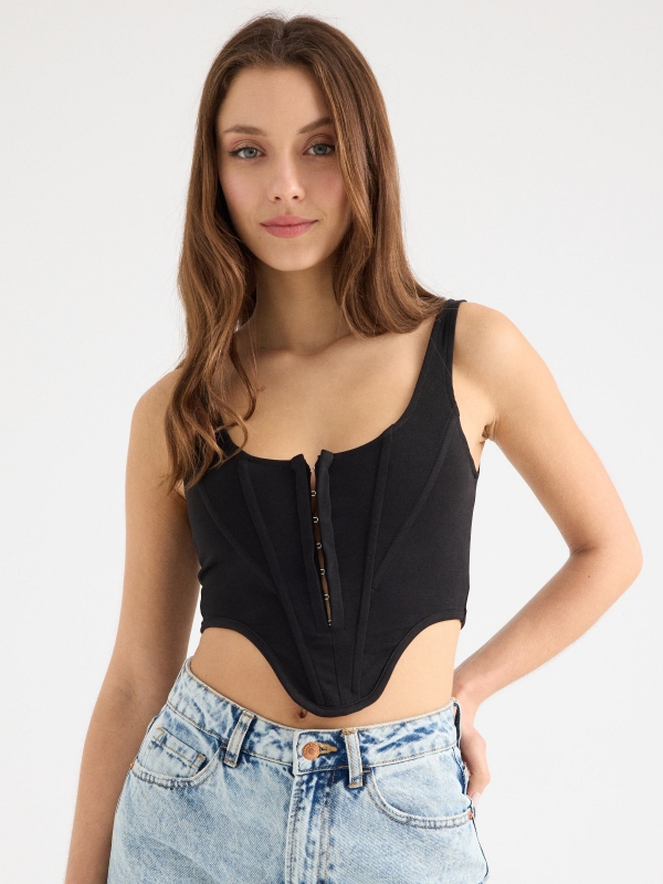 Corset top with hooks black middle front view