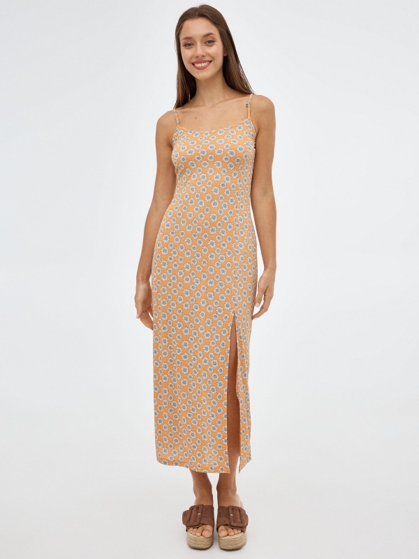 Orange midi dress with flowers salmon middle front view
