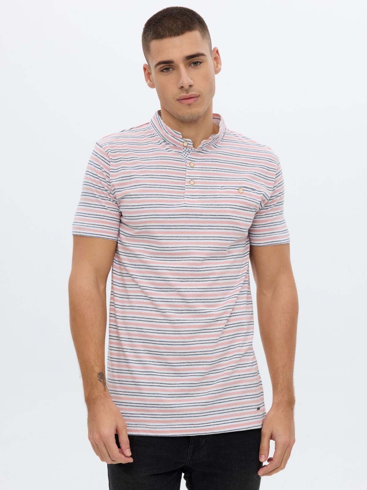 Polo shirt with mao collar stripes multicolor middle front view