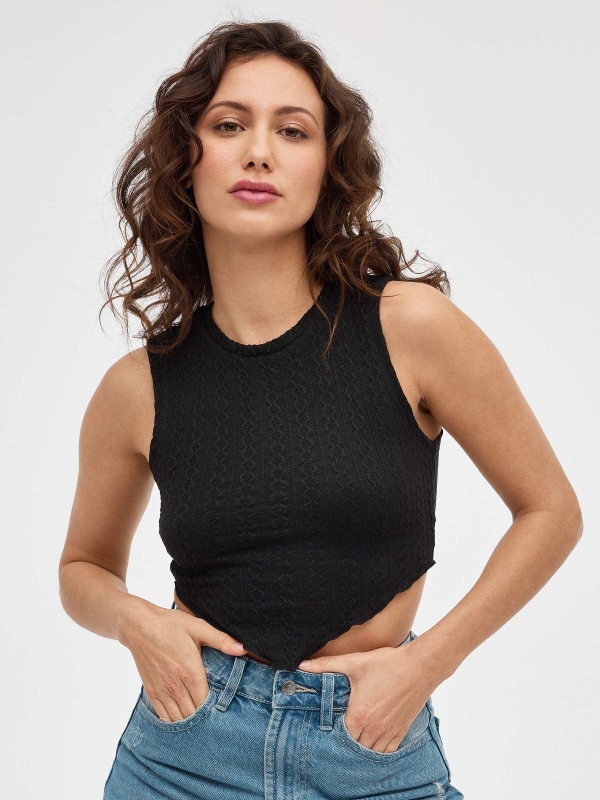 Black crop top with piping black middle front view