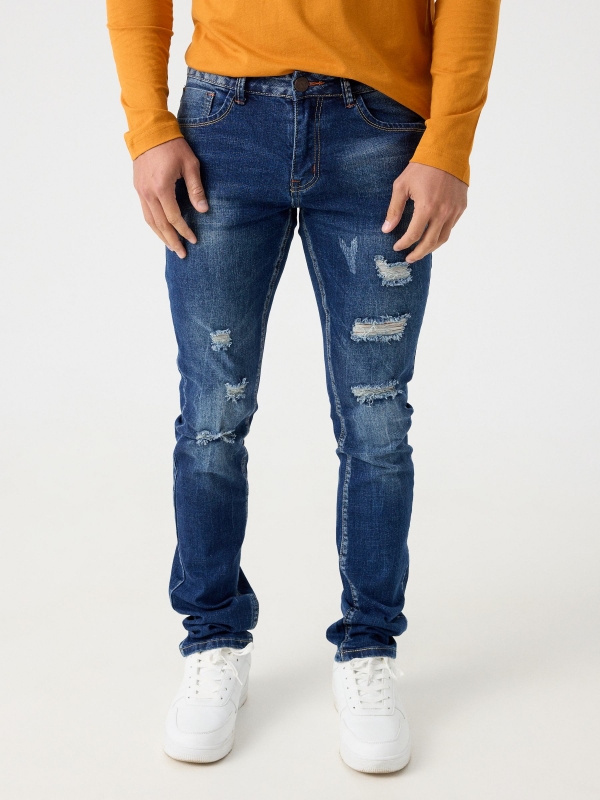 Ripped slim jeans blue middle front view