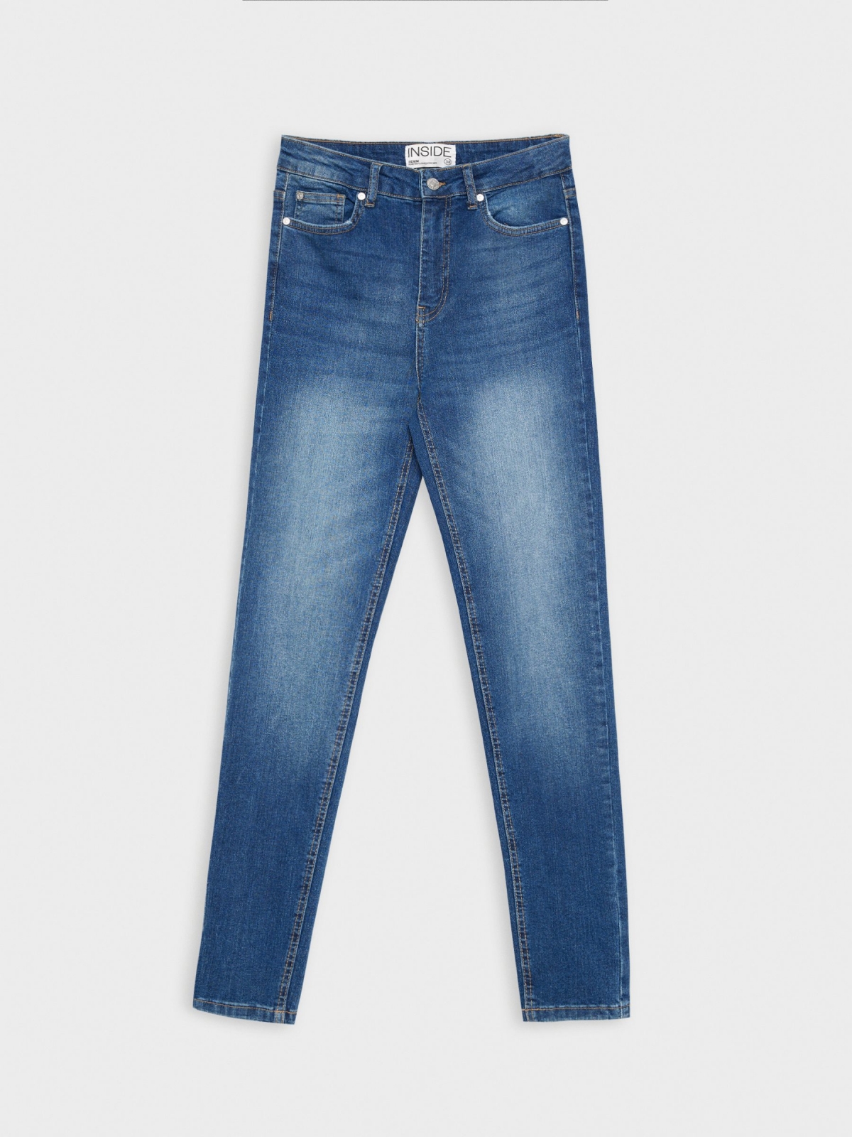  Jeans skinny cintura alta efeito lavado azul marinho
