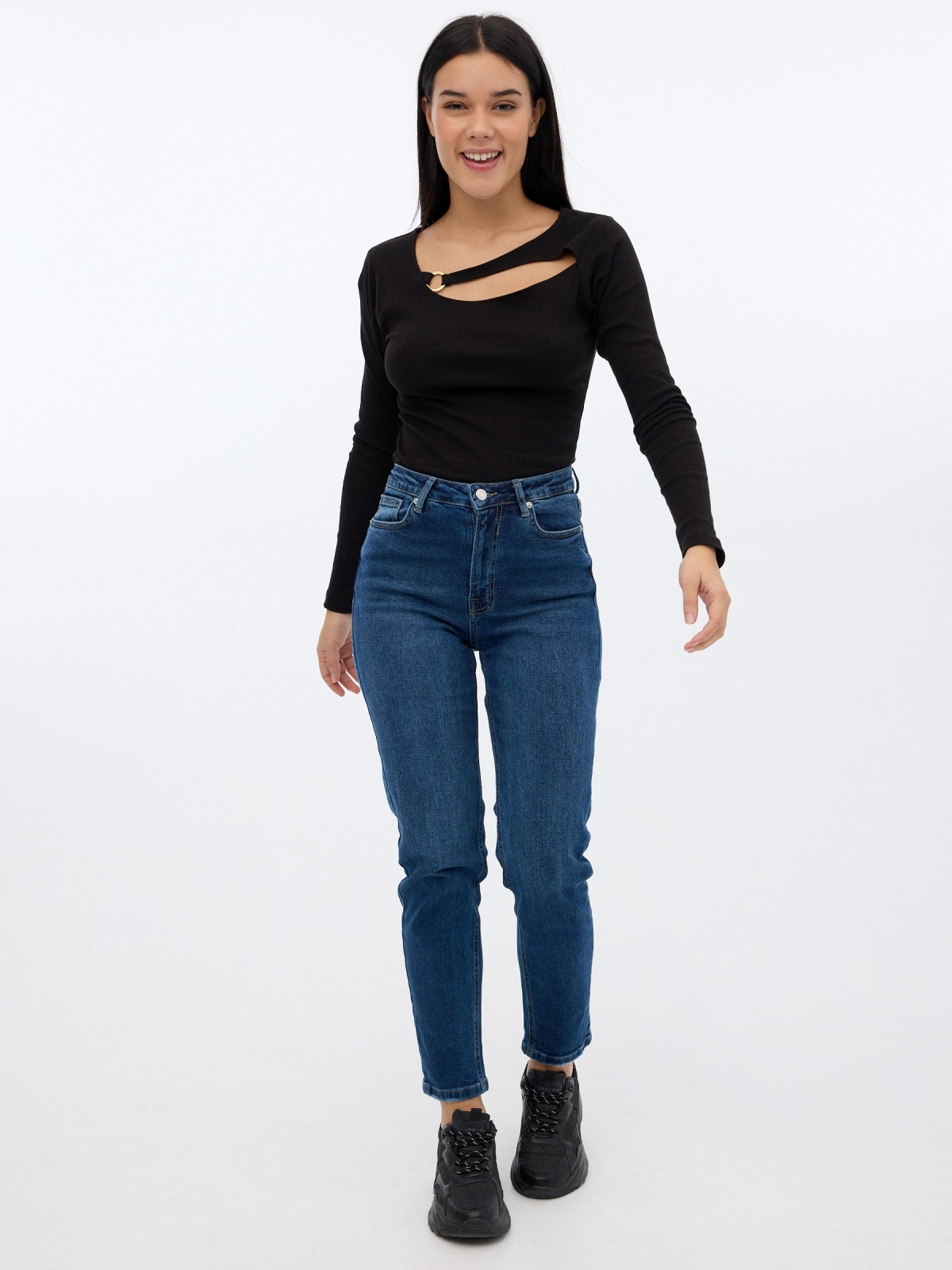 Rib t-shirt cut out neckline black front view