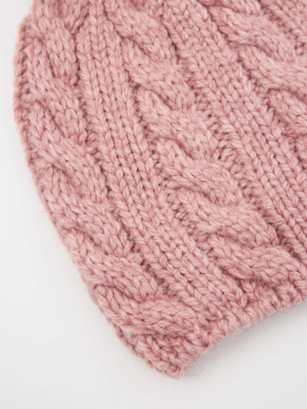 Pink braided hat with pompom design 45º middle back view