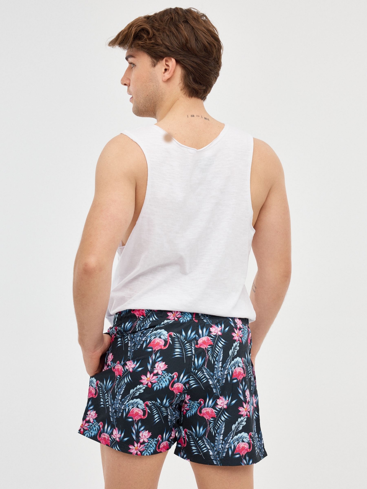 Flamingo print swimsuit black middle back view