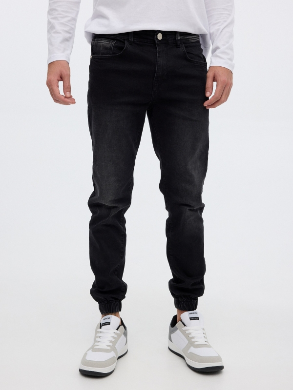 Denim jogger trousers black middle front view