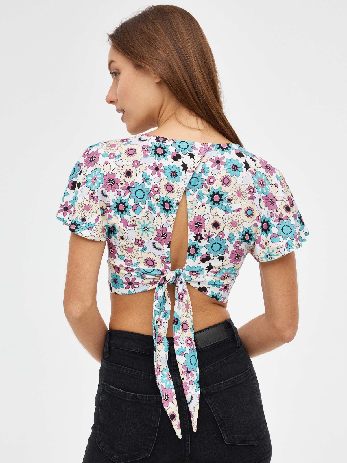 Flower crop top with bow white middle back view