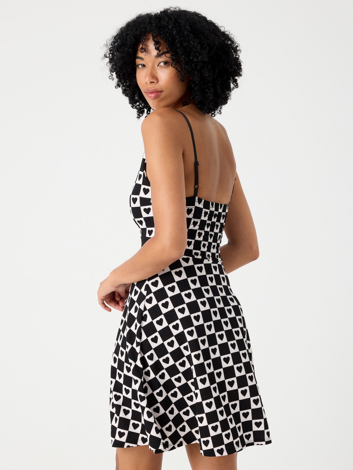 Checkerboard hearts dress black middle back view