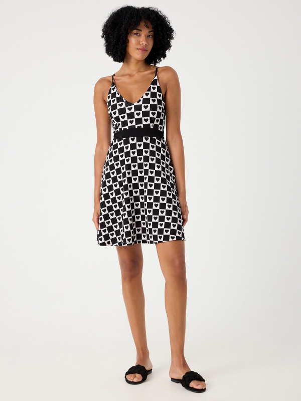 Checkerboard hearts dress black front view
