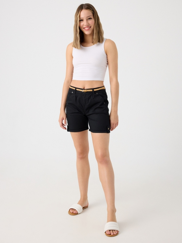 Braided belt shorts black front view