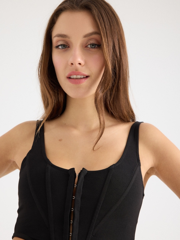 Corset top with hooks black detail view