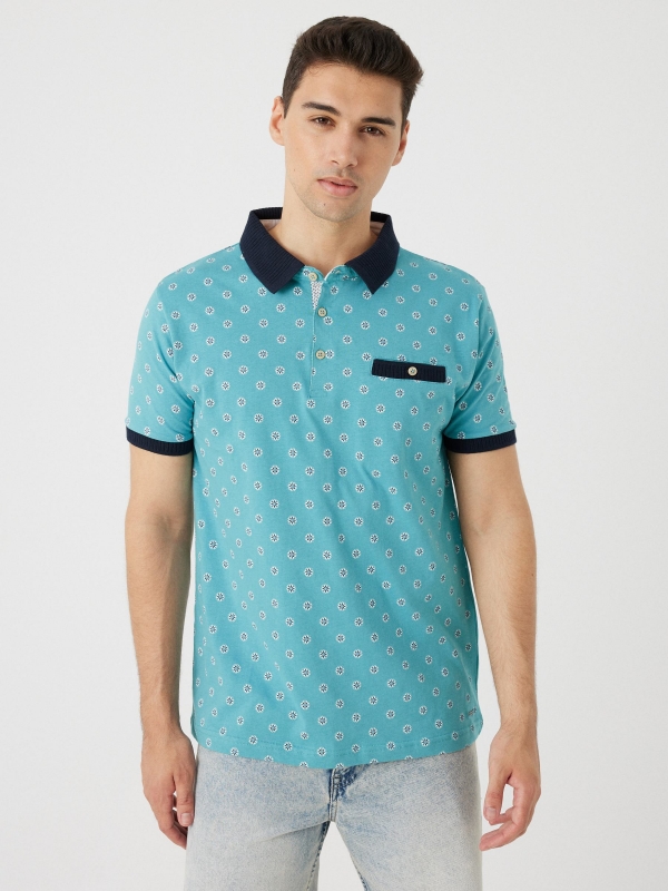 Floral print polo shirt turquoise middle front view