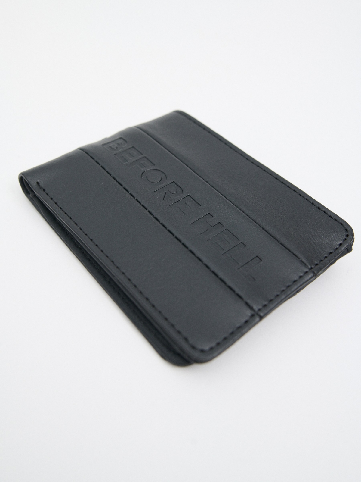 Engraved text leather effect wallet black back view