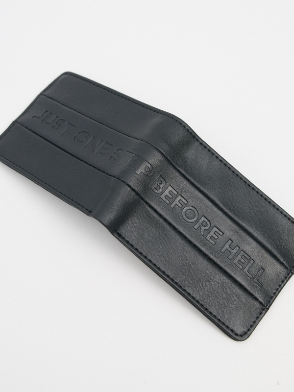 Engraved text leather effect wallet black 45º side view