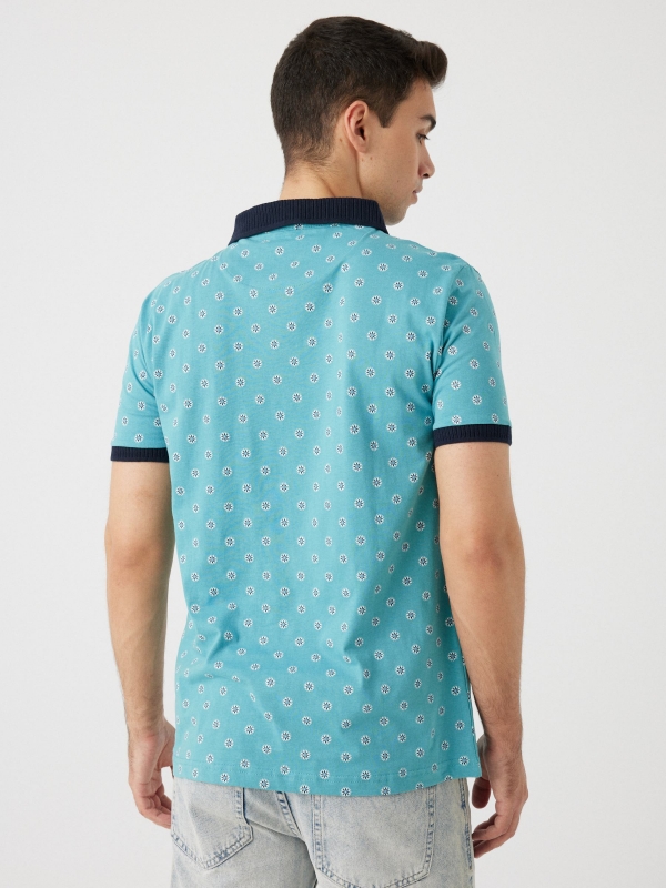 Floral print polo shirt turquoise middle back view