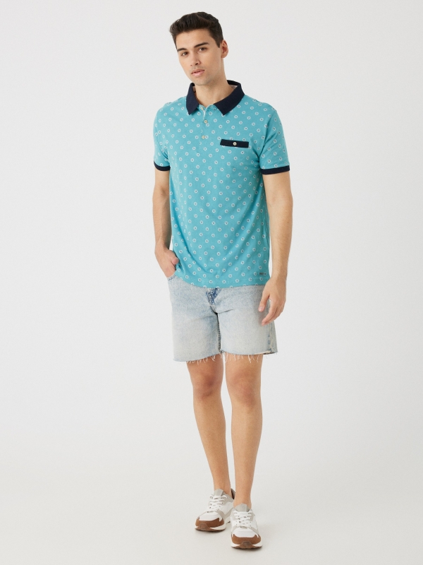 Floral print polo shirt turquoise front view