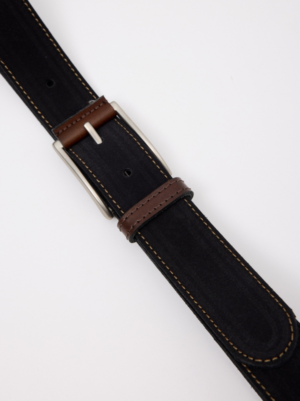 Square buckle leather belt detail view