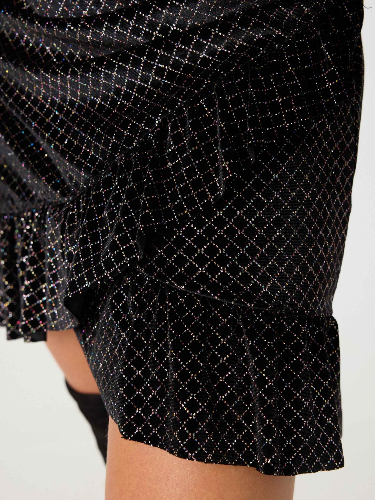 Shiny velvet wrap dress black detail view