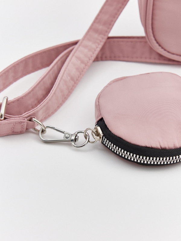 Bolsa de nylon com porta moedas rosa vista detalhe