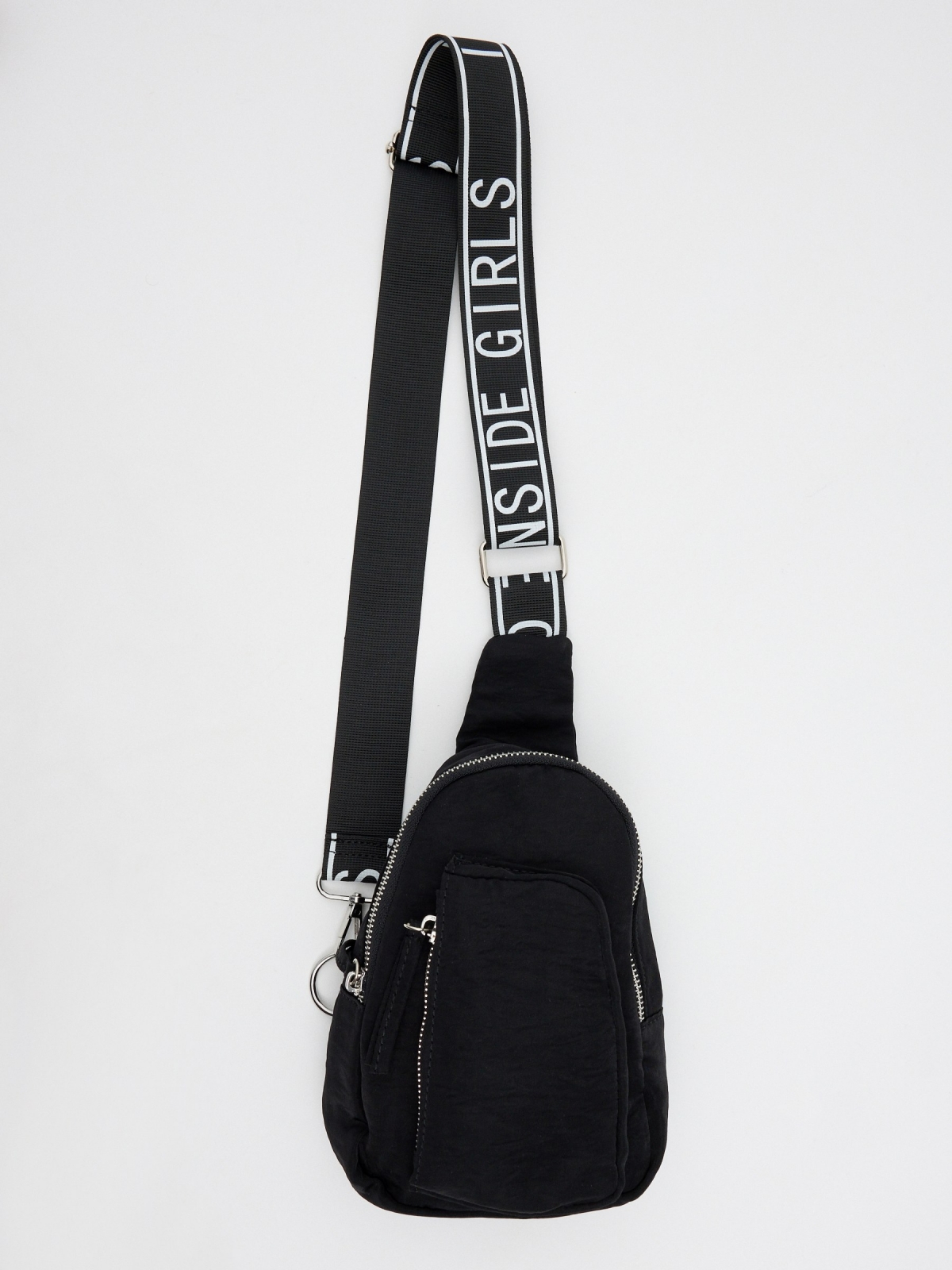 Printed strap crossbody bag black detail view