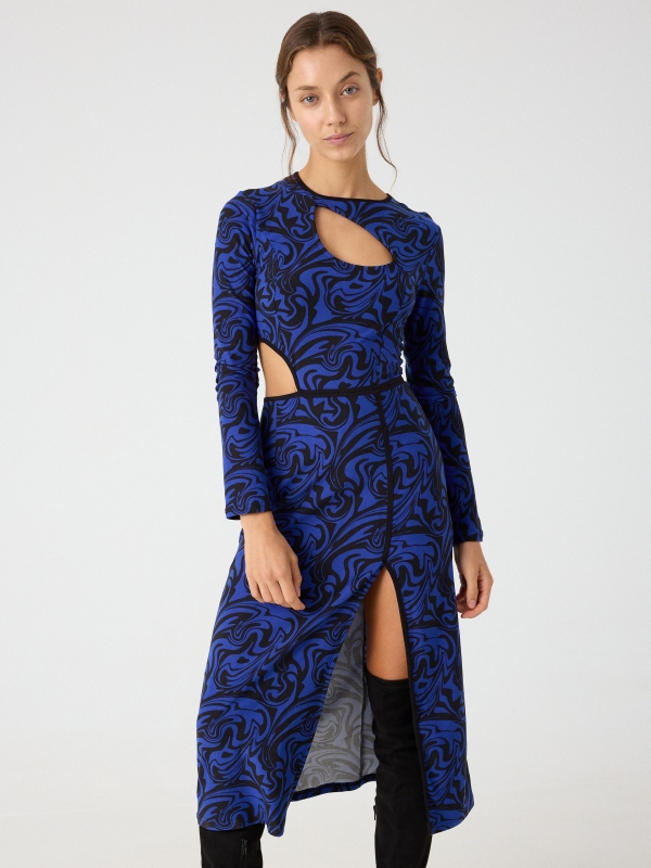 Psychedelic print cut out midi dress dark blue middle front view