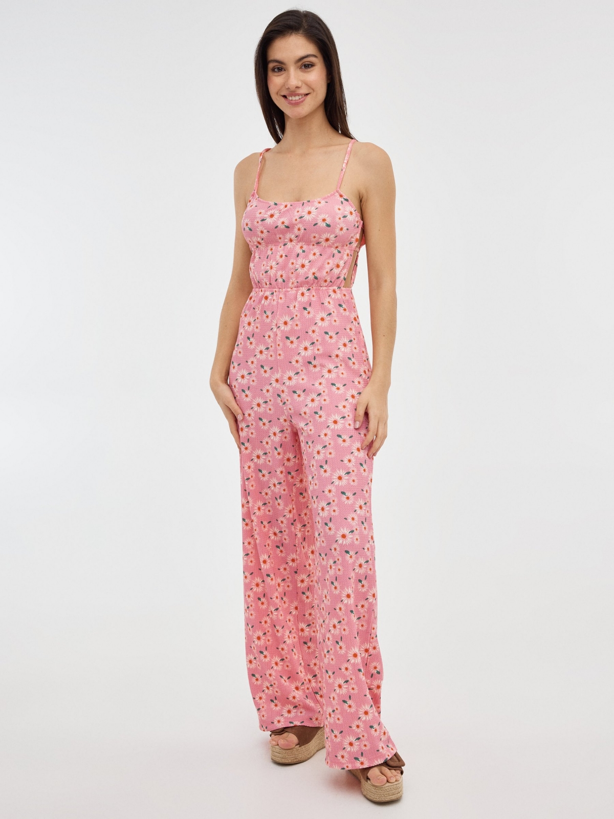 Floral strapless jumpsuit light pink middle front view