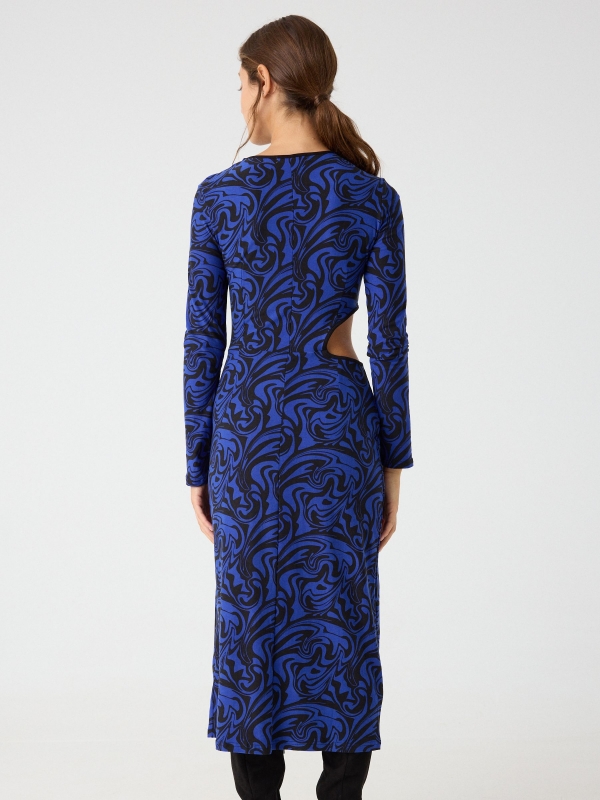 Psychedelic print cut out midi dress dark blue middle back view