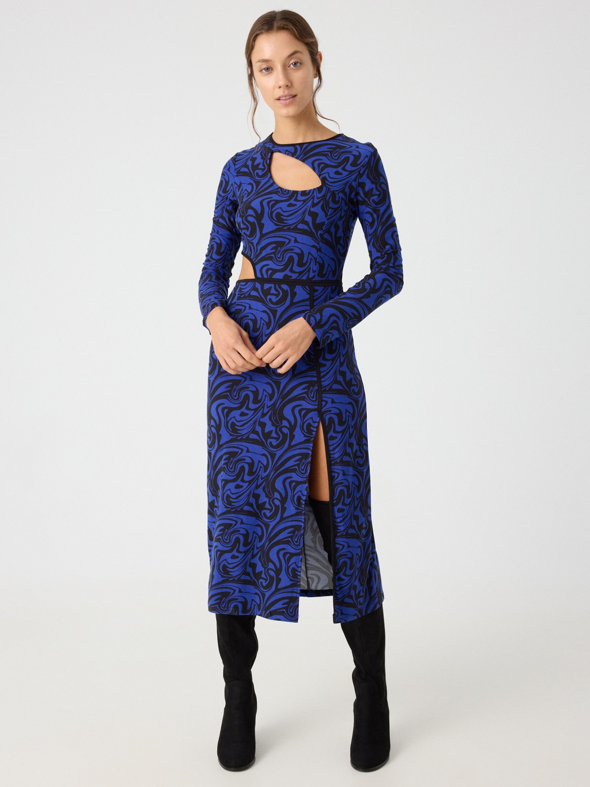 Psychedelic print cut out midi dress dark blue front view