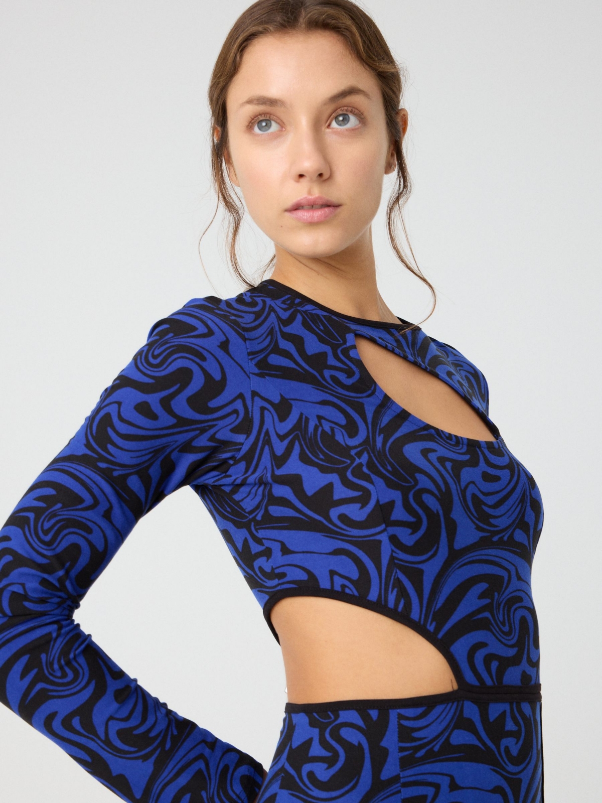 Psychedelic print cut out midi dress dark blue detail view