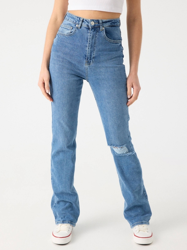 Ripped high waist straight slim jeans blue middle front view
