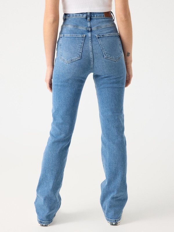 Ripped high waist straight slim jeans blue middle back view