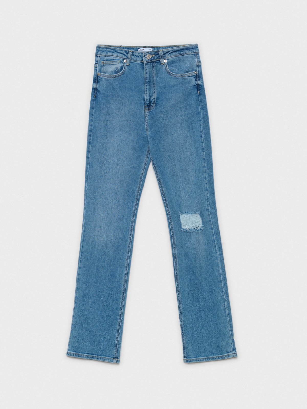  Jeans straight slim roto tiro alto azul