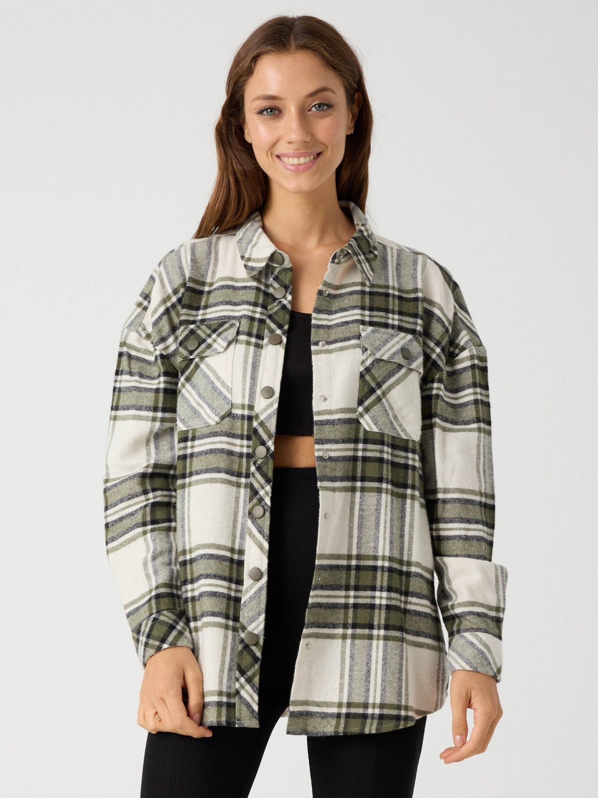 Plaid overshirt green middle front view
