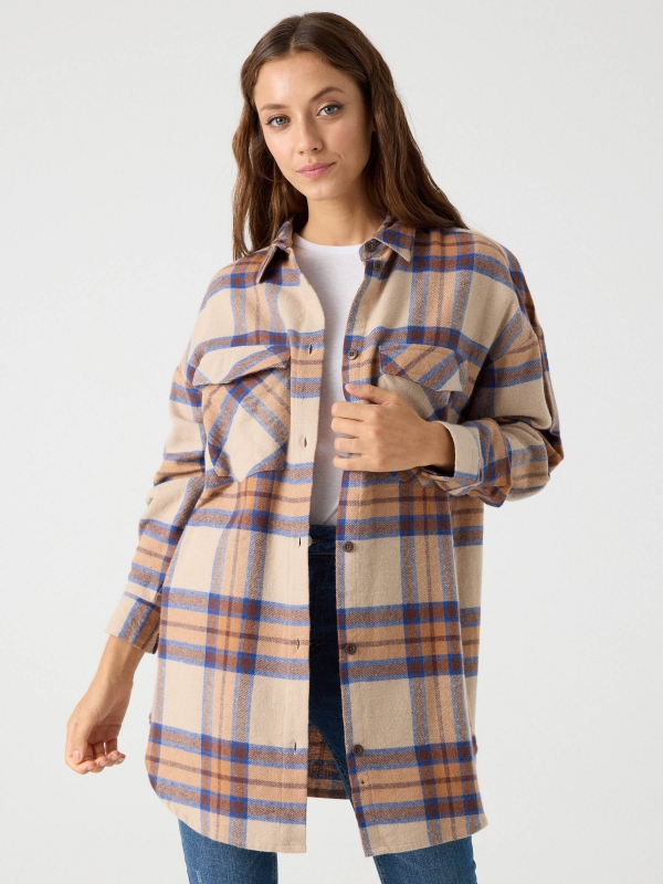 Camel and blue plaid overshirt beige middle front view