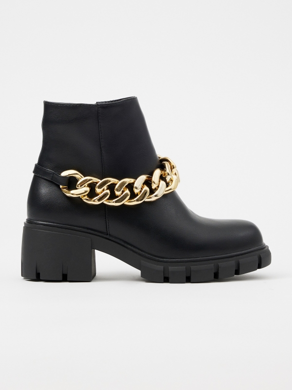 Golden chain high heel ankle boot black