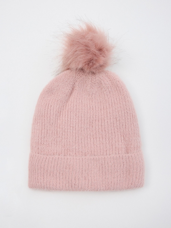 Pink ribbed hat with pompom pink
