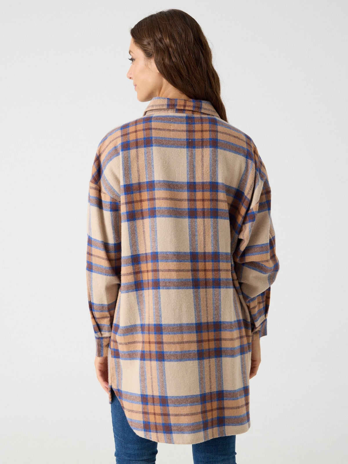 Camel and blue plaid overshirt beige middle back view