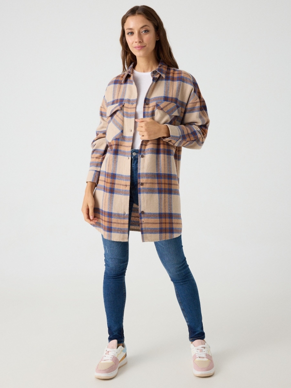 Camel and blue plaid overshirt beige front view