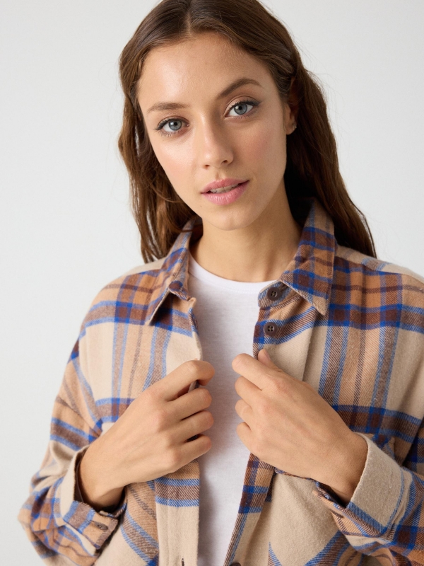 Camel and blue plaid overshirt beige detail view