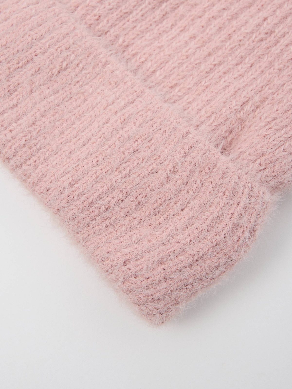 Pink ribbed hat with pompom pink 45º middle back view
