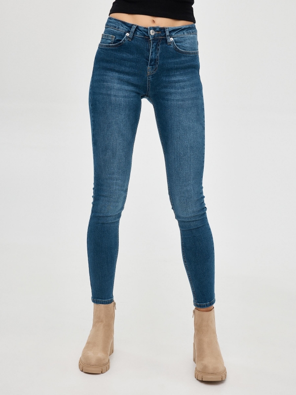 Mid rise skinny jeans blue middle back view