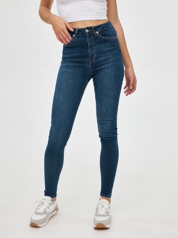 High rise skinny jeans dark blue middle front view