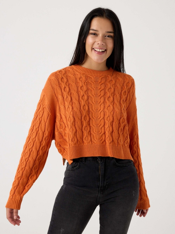 Round neck sweater orange middle front view