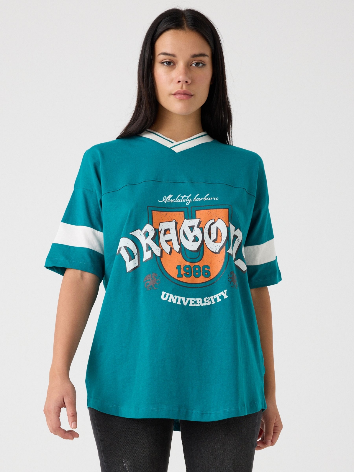 Oversized college t-shirt sea green middle front view