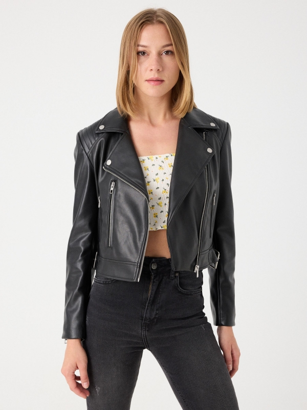 Faux leather biker jacket with pockets black middle front view