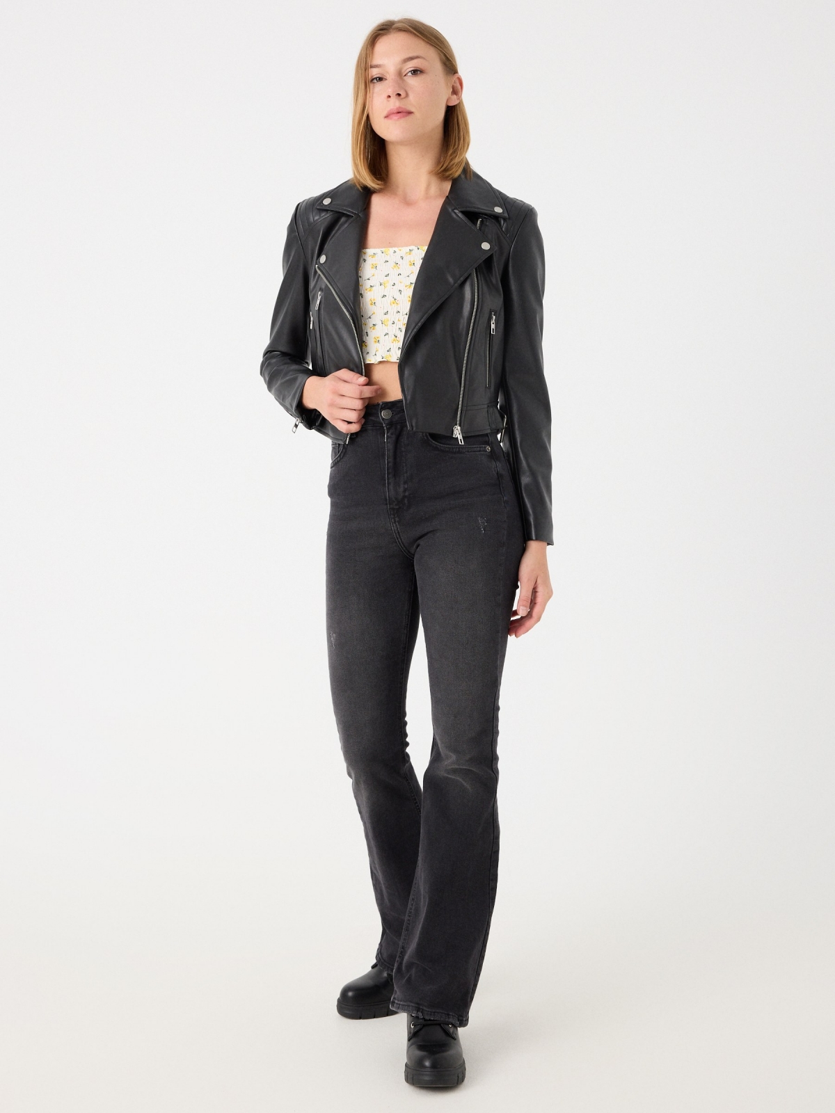 Faux leather biker jacket with pockets black front view