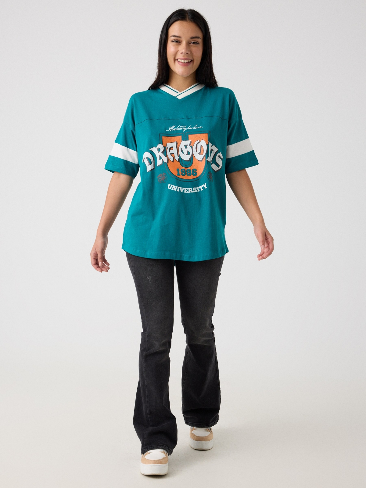 Oversized college t-shirt sea green front view
