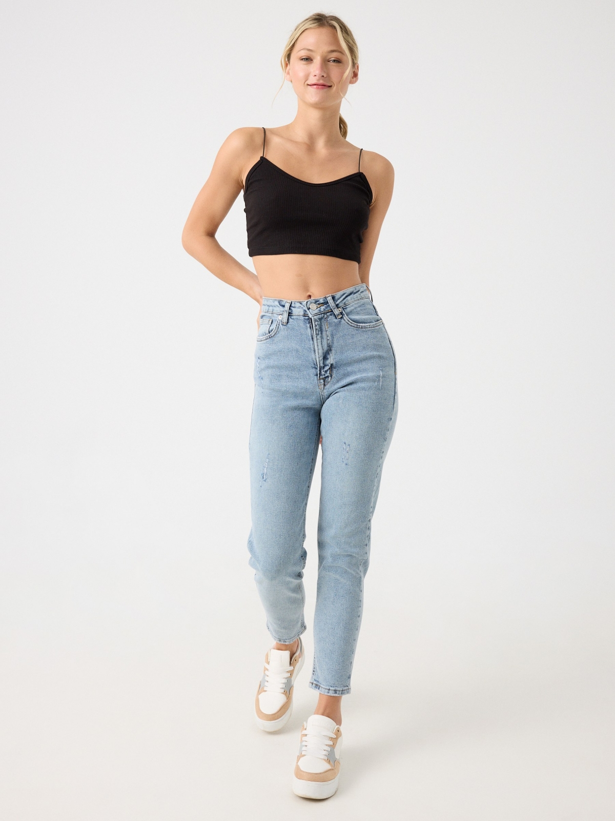 Slim-fit mom jeans with washed effect light blue front view
