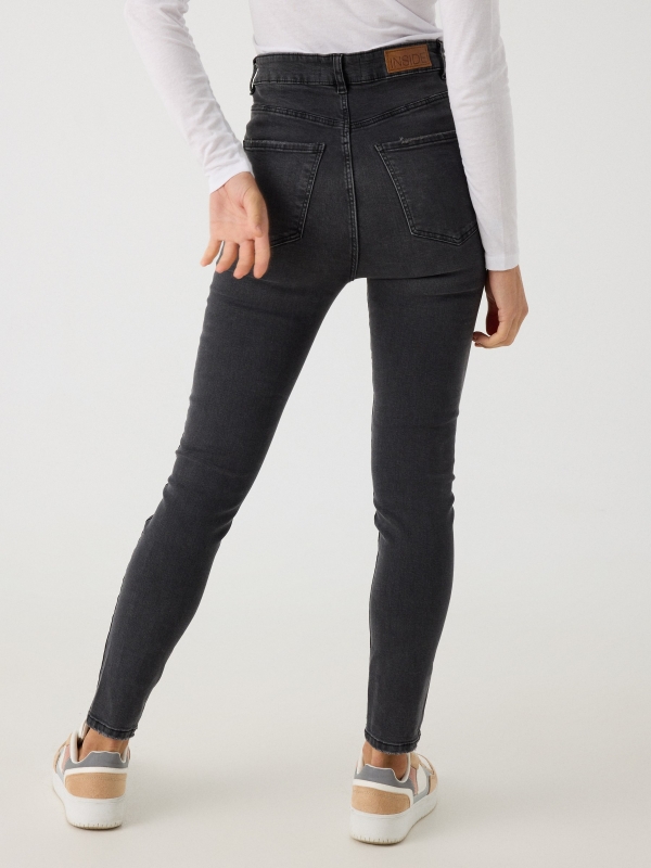 Jeans skinny cintura alta efeito lavado preto preto vista meia traseira